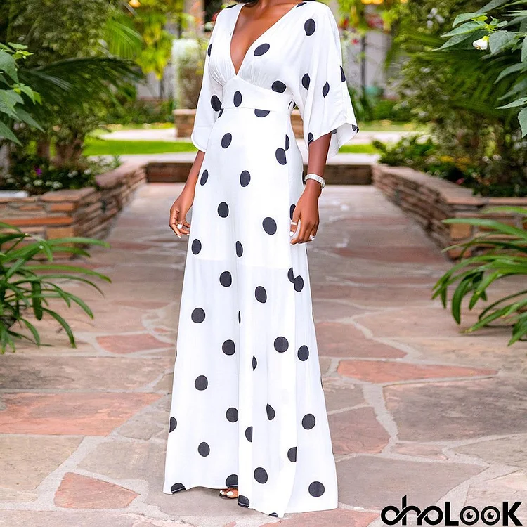 Sexy V Neck Polka Dot Printed Maxi Dress