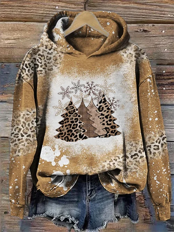Women's Leopard Pattern Christmas Tree Print Hooded Sweatshirt