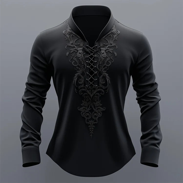 Okaywear Embroidery Lace Up Stand Collar Long Sleeve Shirt 