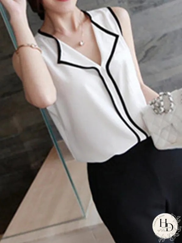 Contrast Color V-neck Sleeveless Chiffon Vest for Women
