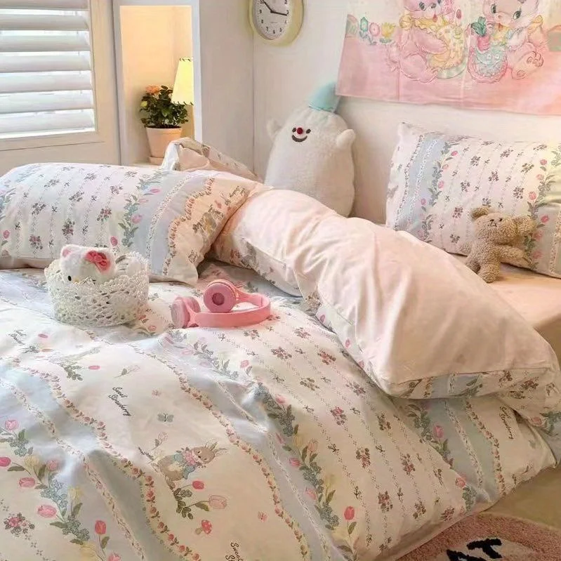 Aonga Green Floral Bedding Set Ins Fashion Twin Full Queen Size Duvet Cover No Filler Flat Sheet Pillowcase Girl Home Totel Bed Linens aonga