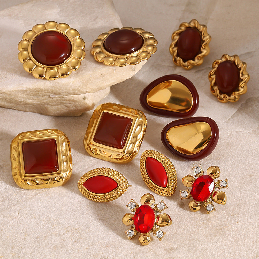 Jie Ding Stainless Steel Red Agate Earrings Zircon Earring Niche Earring