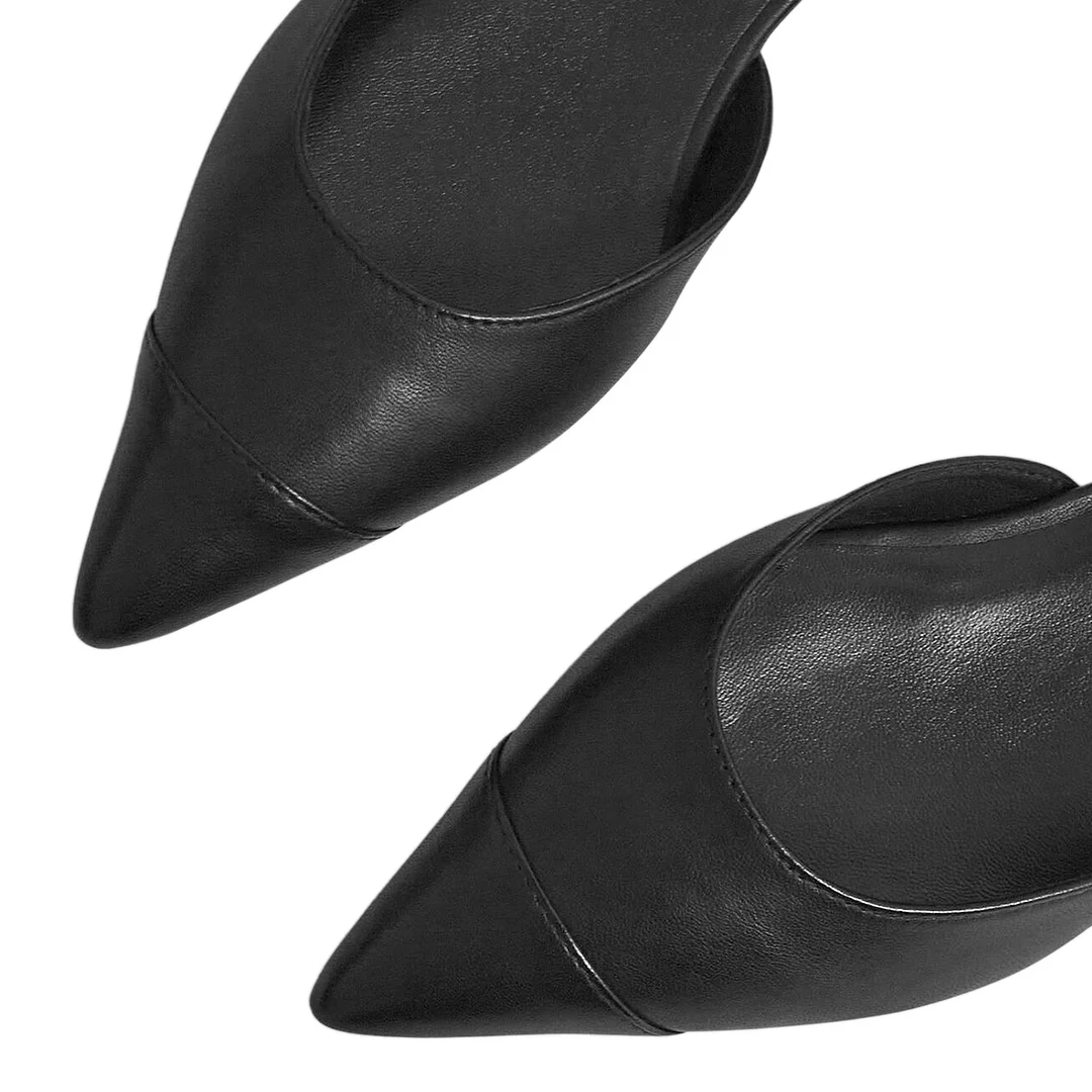 Black Vegan Leather Gray Pointed Toe Buckle Fastening Strappy Flats