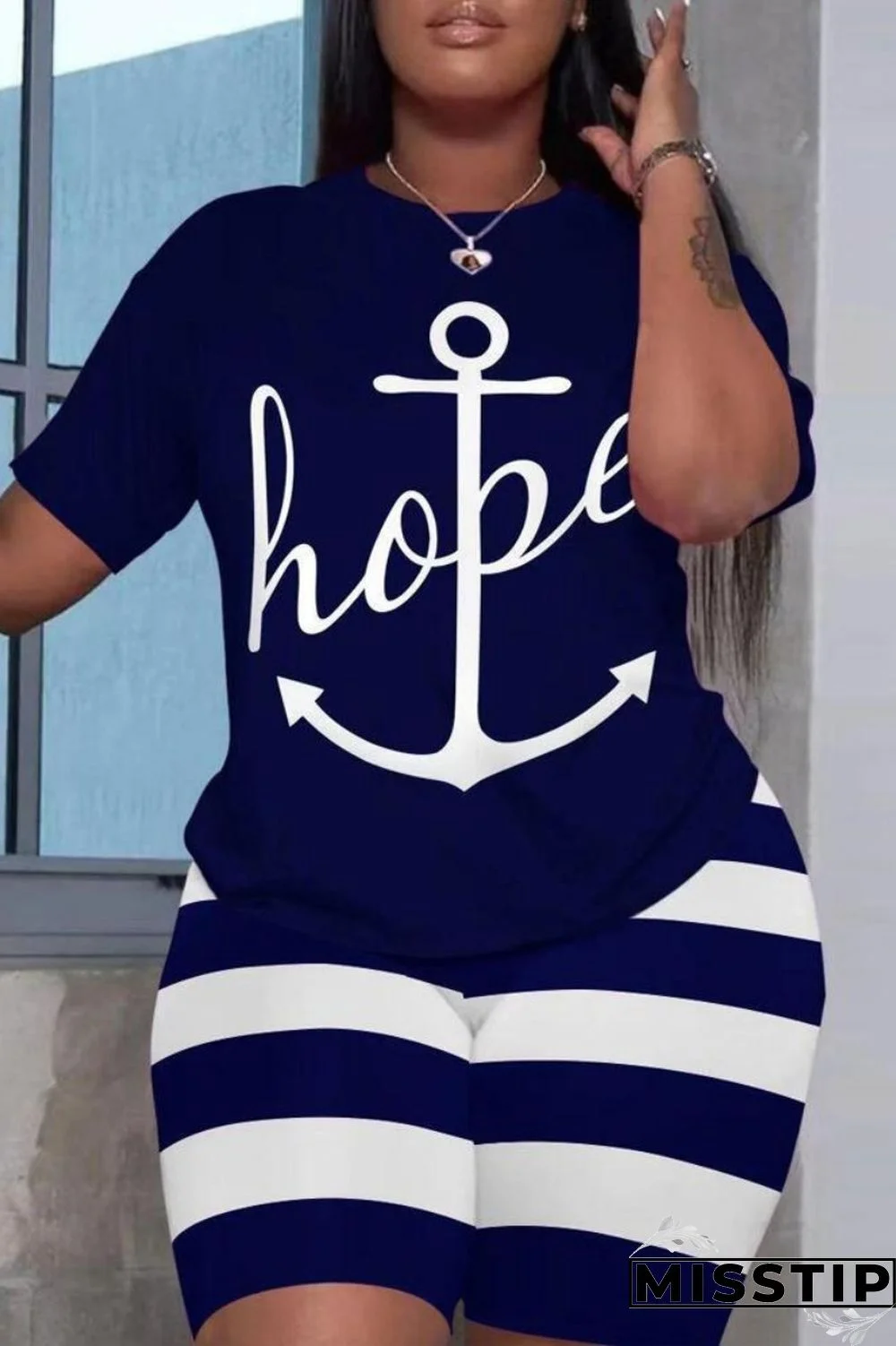 Stripe Casual Print Basic O Neck Short Sleeve Two Pieces