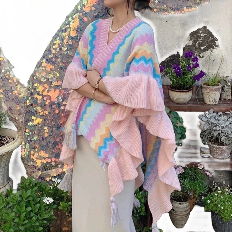 Yunnan Lijiang Travel Outside Knitted Shawl Ethnic Style Vintage Cape Cloak Tassel Scarf For Vacation Wear