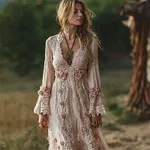 Vintage Boho Pink Roses Lace Art Linen Maxi Dress - Image 2