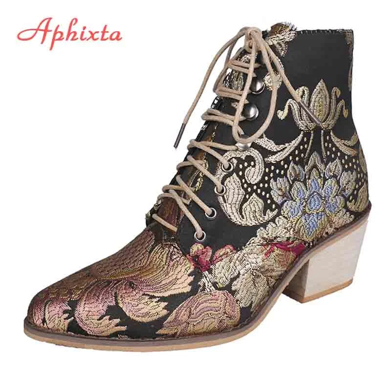 Aphixta Retro Shoes Women Embroidery Flower Ankle Boots Lady Elegant Lace Up Female Silk Wood Chunky High Heel Botas Mujer