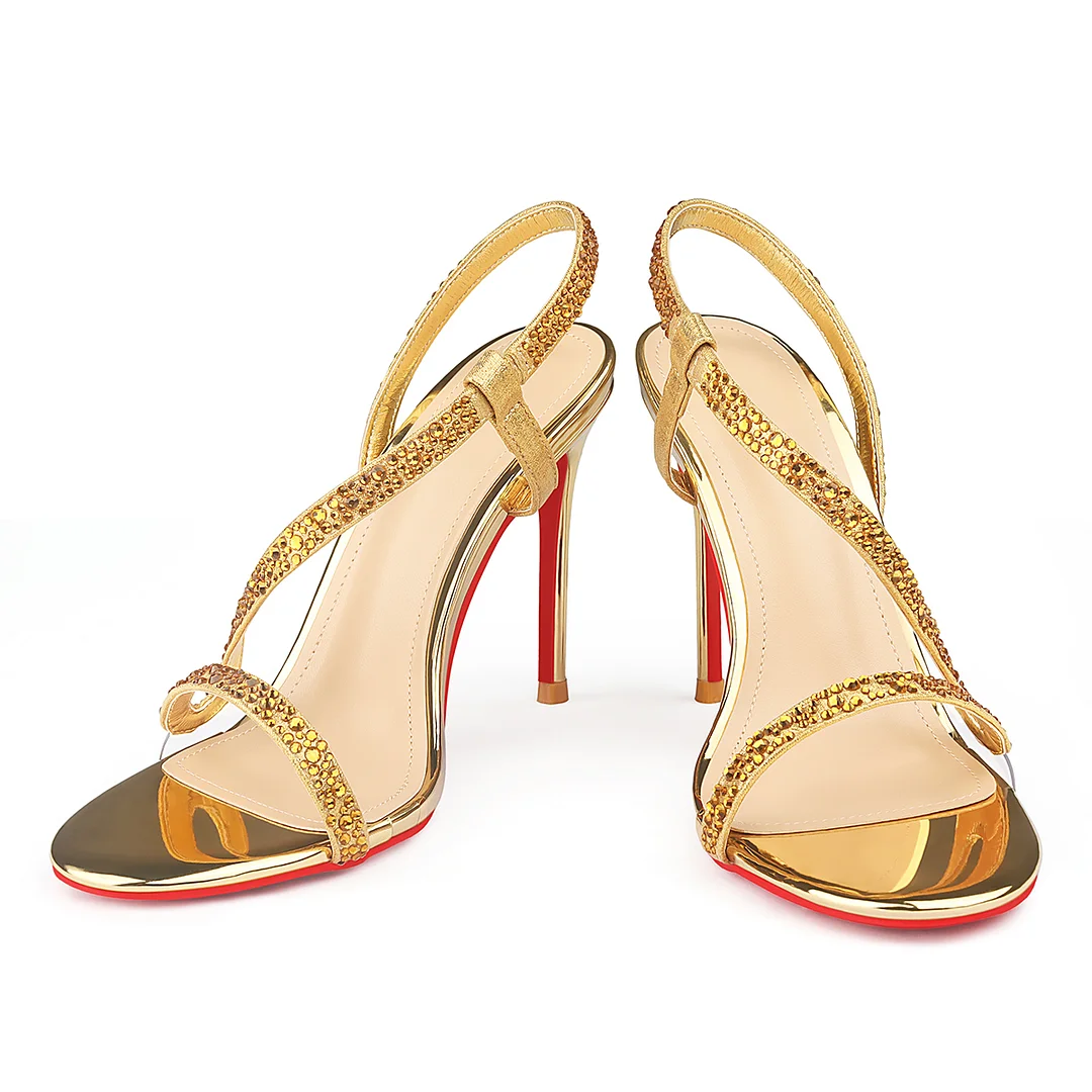 100mm Women's  Red Bottom  Sandals Stiletto Spotlight Wavy Straps High Heels Ankle Strap Studs Shoes-MERUMOTE