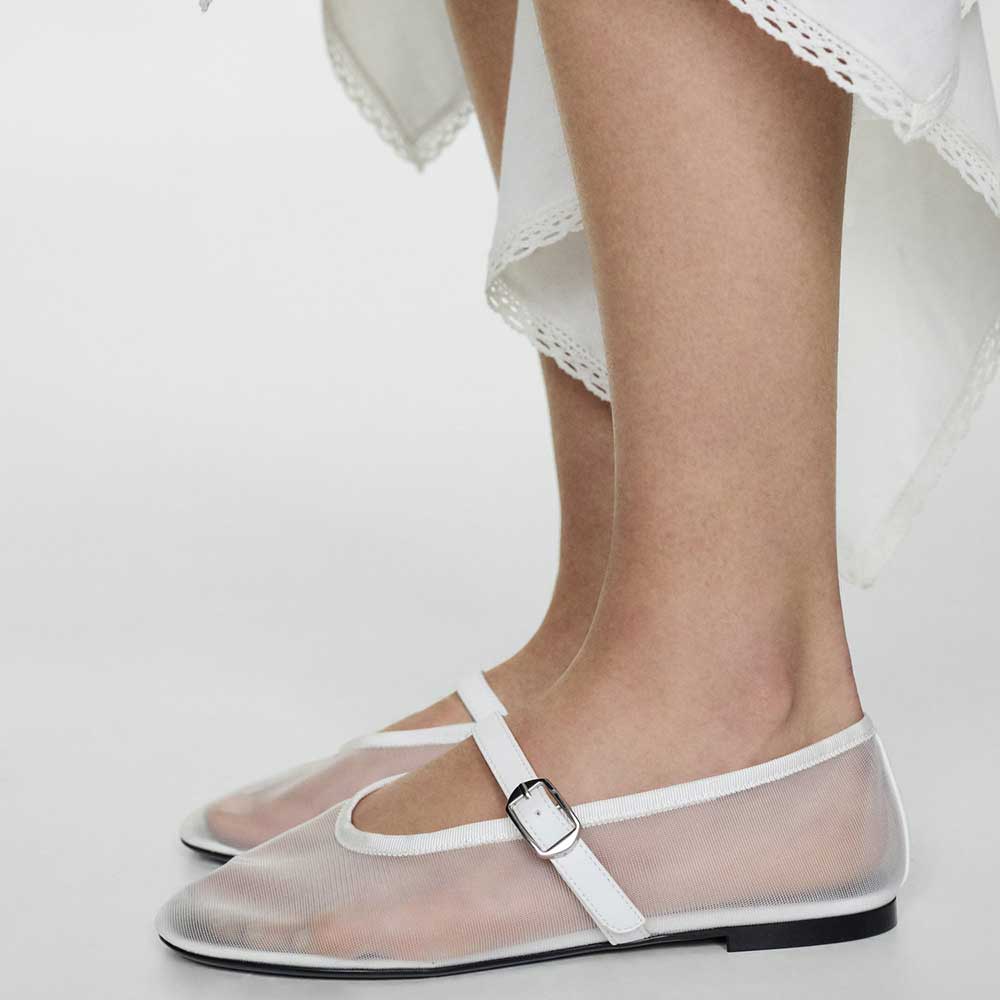 Women's White Mesh Sophisticated Buckle Strap Comfy Ballet Flats Nicepairs