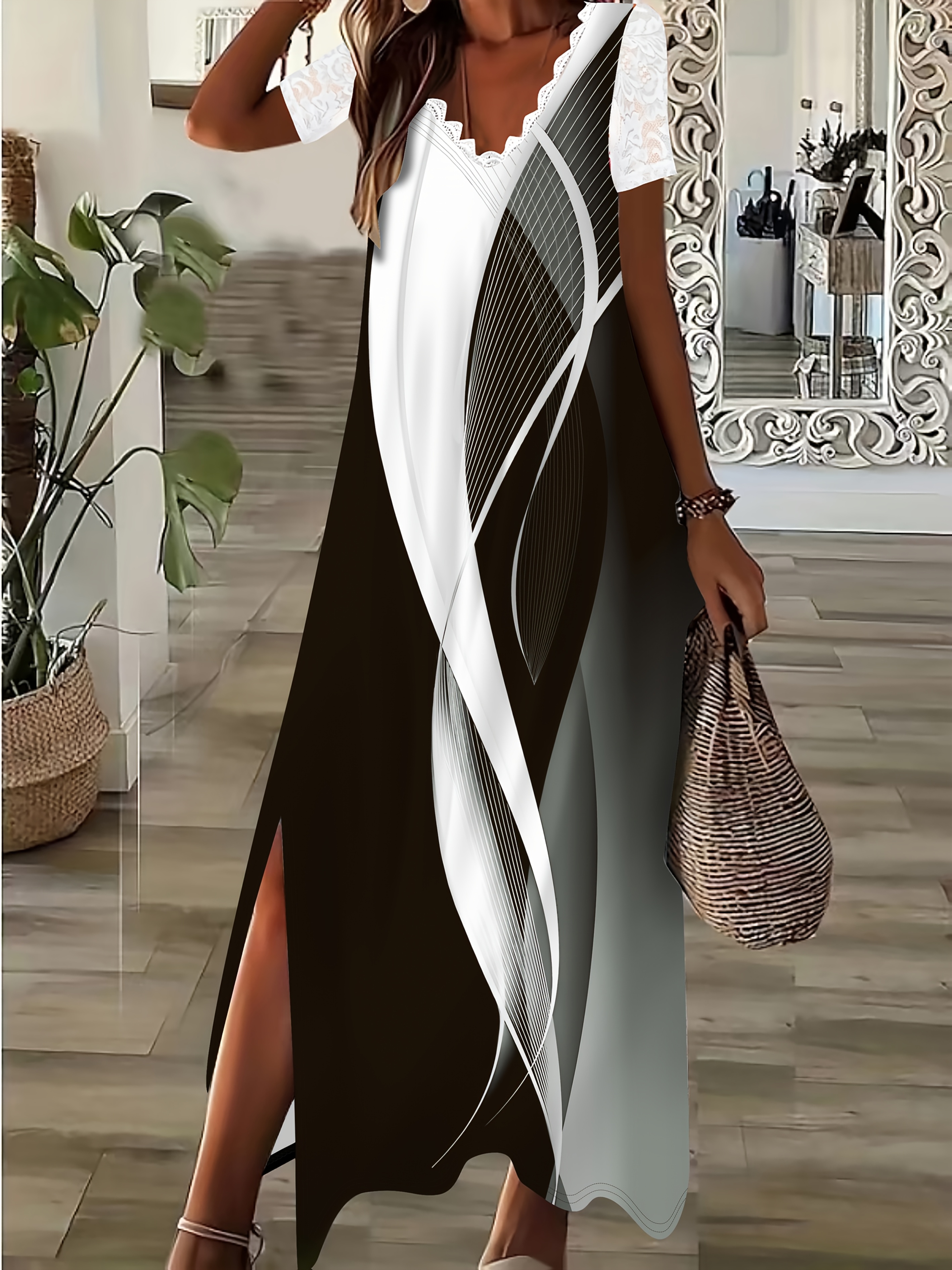 Elegant Women's Short-Sleeve V-Neck Lace Patchwork 3d Printed Split Floor-Length Dress With Trendy Graphic Prints | IFYHOME