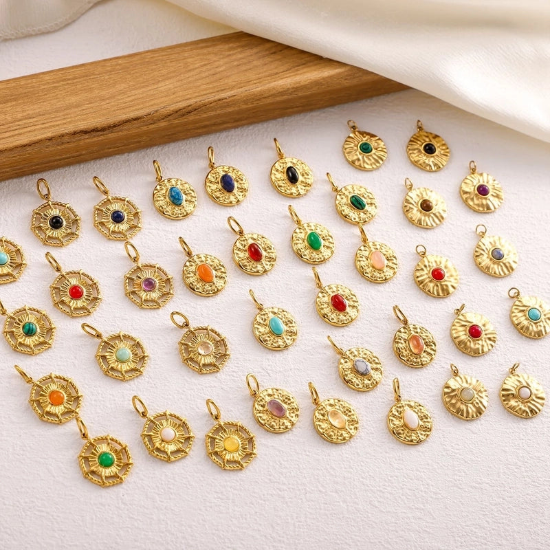 1 Piece 17 * 20mm 304 Stainless Steel Natural Stone Round Pendant Jewelry Accessories