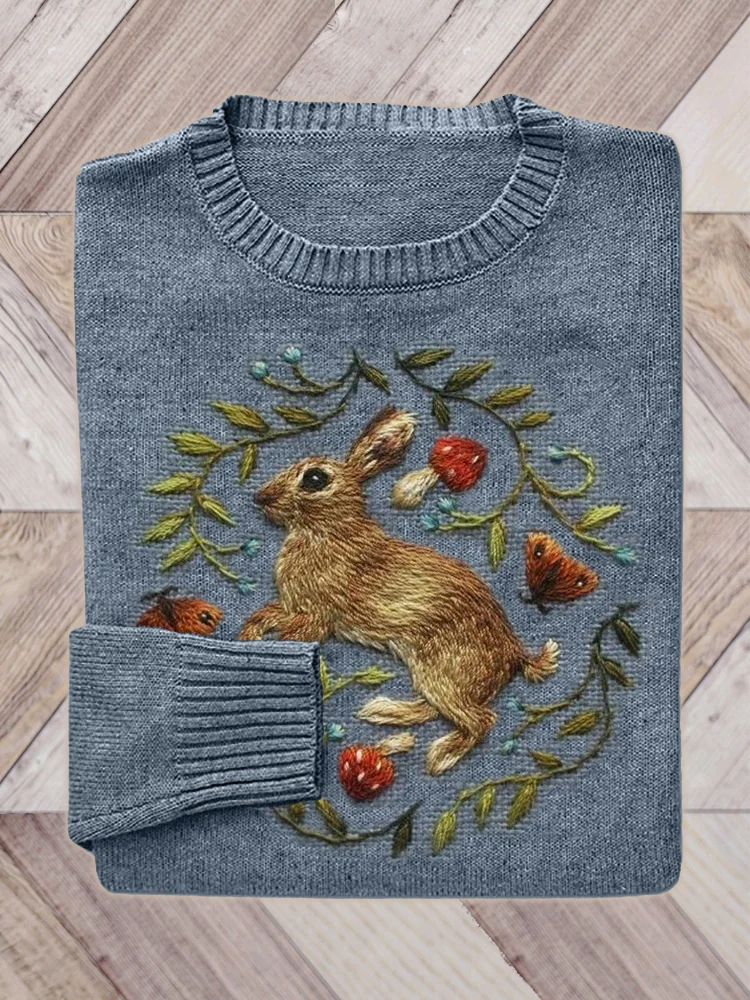 Forest Hare & Mushroom Embroidery Art Knit Sweater