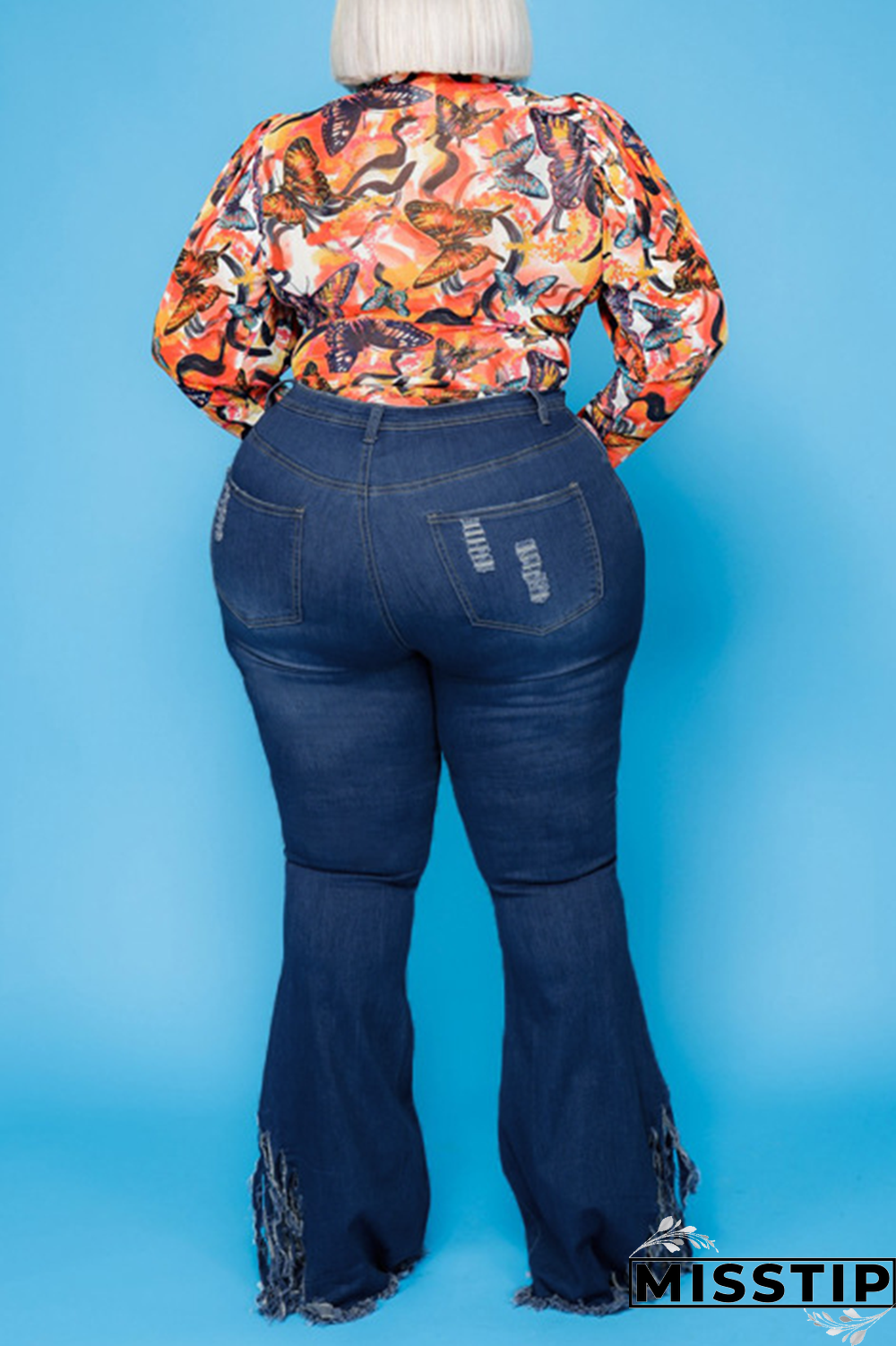 Dark Blue Sexy Solid Ripped Plus Size Jeans