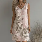Women's Vintage Rose Art V-neck Sleeveless Mini Dress - Image 3