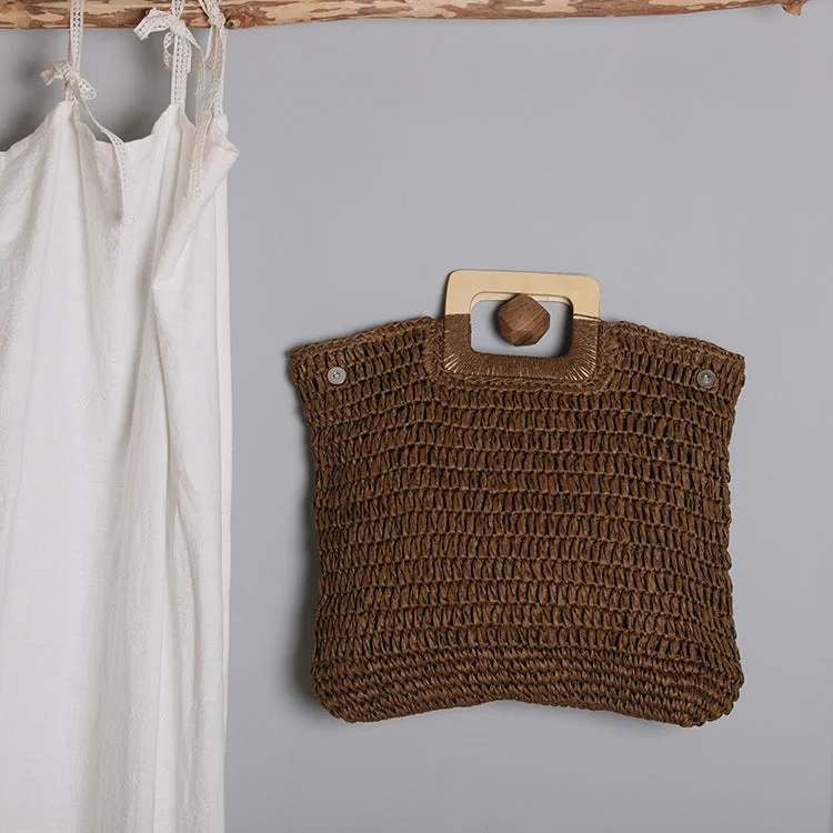 Handle Wooden Handle Woven Straw Bag