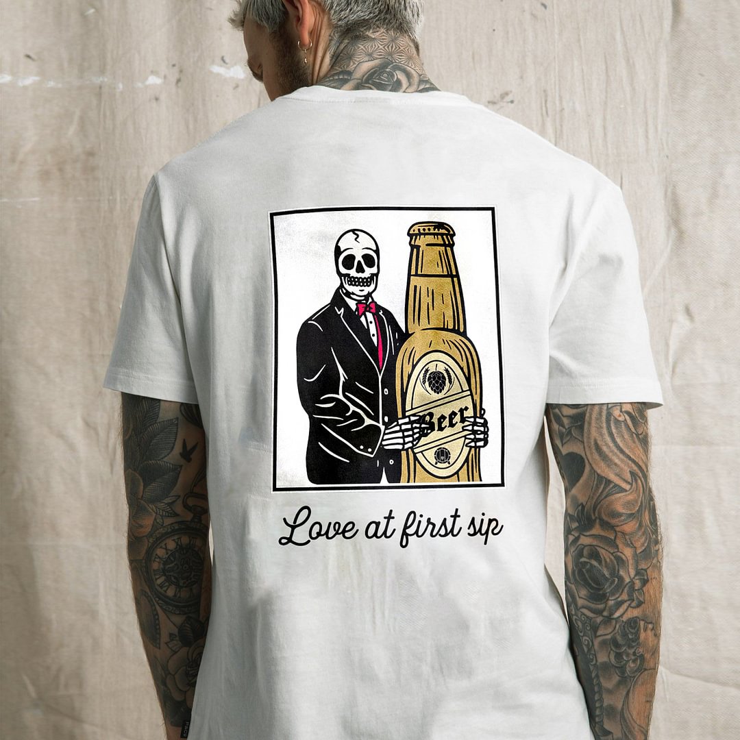 Designer love at first sip skeleton beer printed T-shirt -  