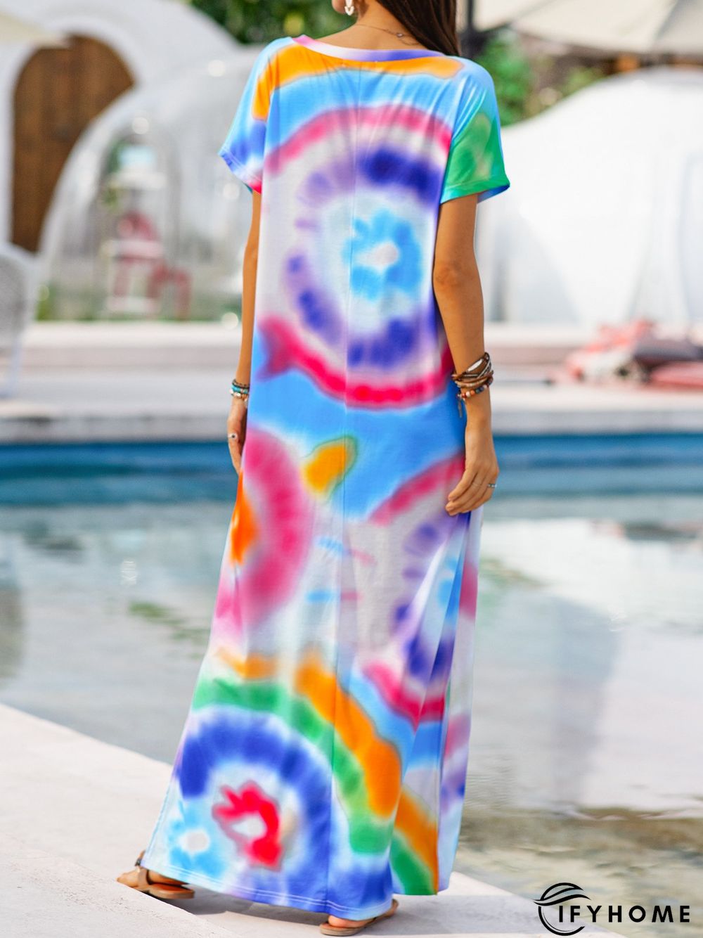 V Neck Short Sleeve Ombre/tie-Dye Dresses | IFYHOME