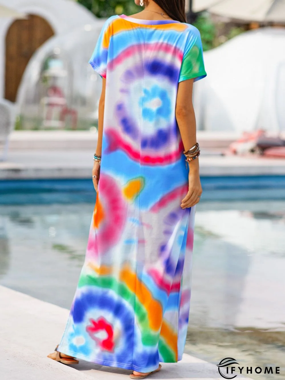 V Neck Short Sleeve Ombre/tie-Dye Dresses | IFYHOME