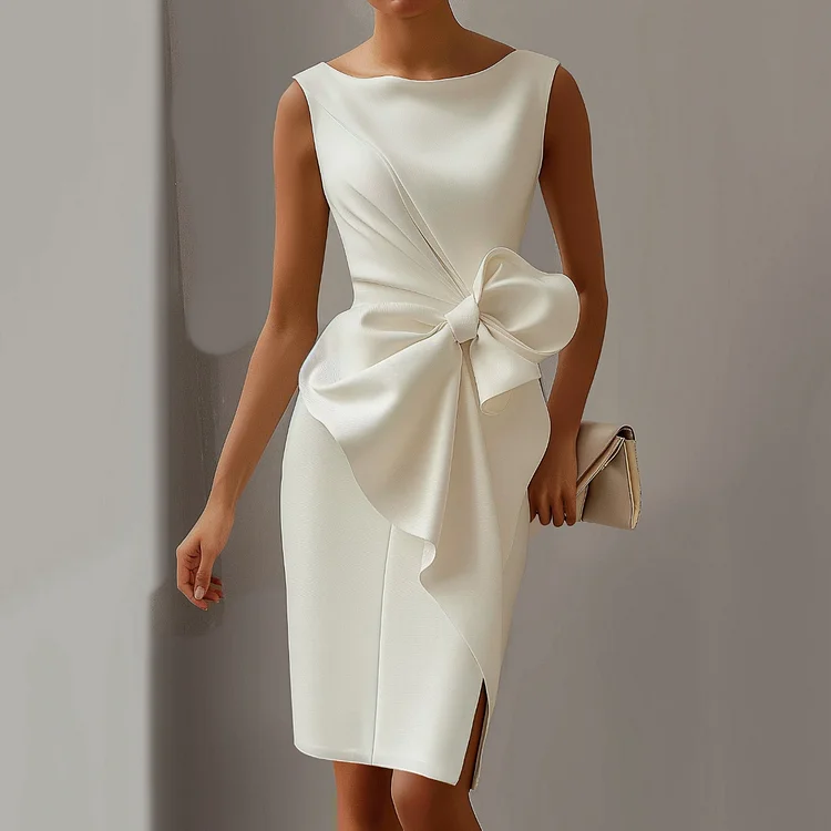 Formal Round Neck Sleeveless Bow Decor Slit Midi Dress