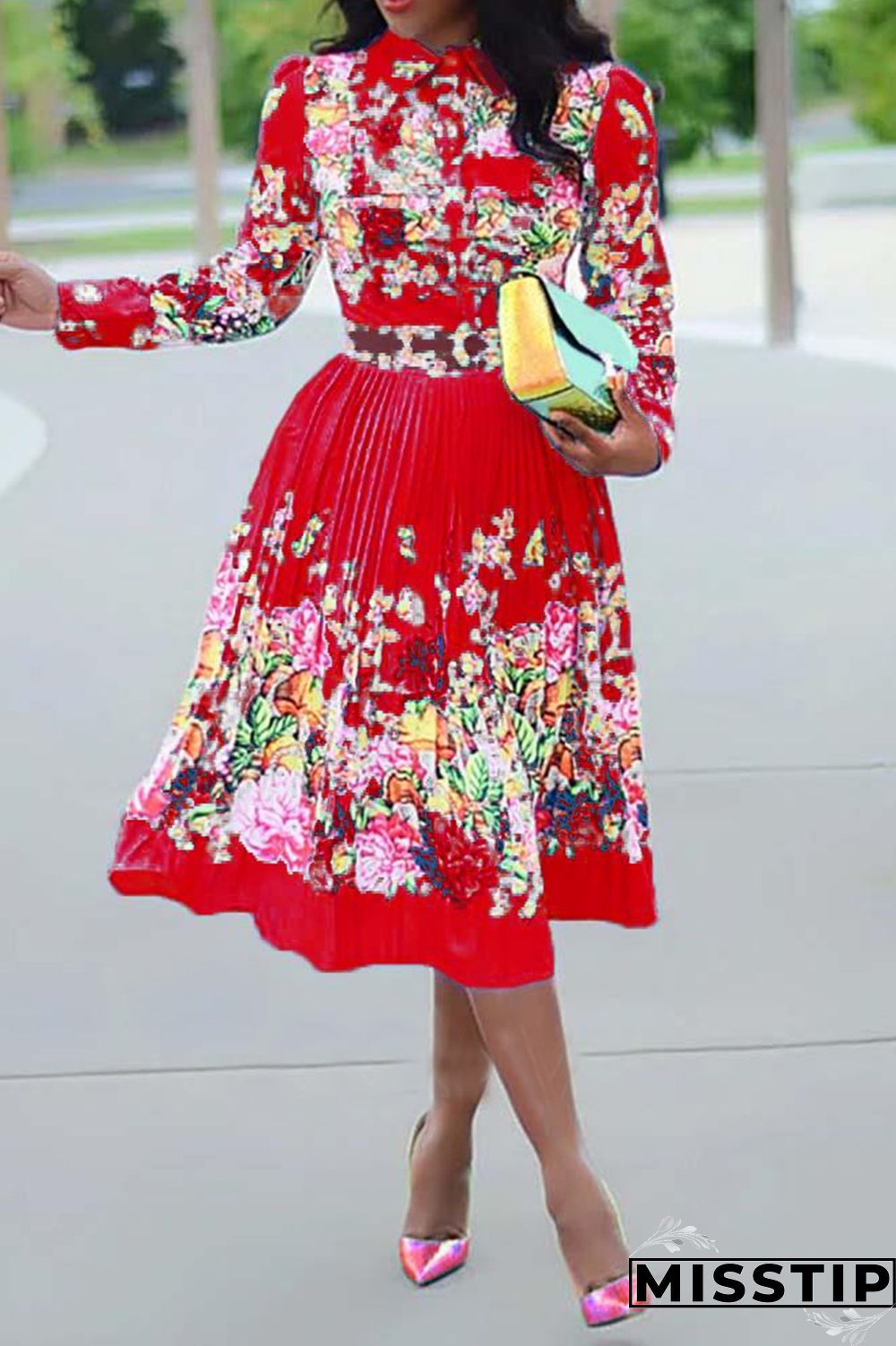 Light Blue Fashion Sexy Regular Sleeve Long Sleeve Turndown Collar Pleated Knee Length Print Dresses