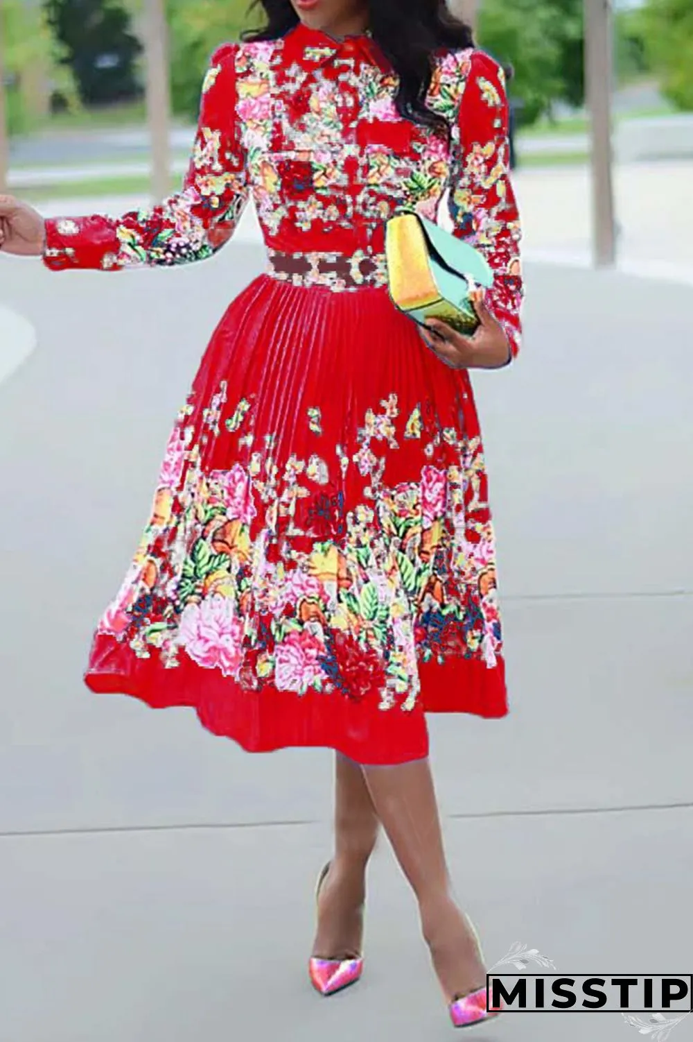 Light Blue Fashion Sexy Regular Sleeve Long Sleeve Turndown Collar Pleated Knee Length Print Dresses