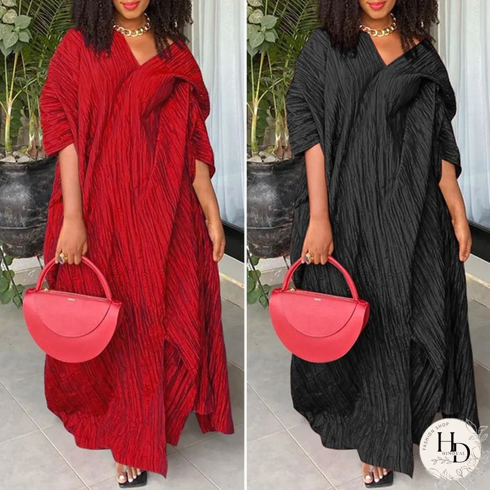 VONDA Party Women Fashion V Neck Pleated Long Maxi Dresses Baggy Half Sleeve Solid Color Vestido Robes Longue Plus Size