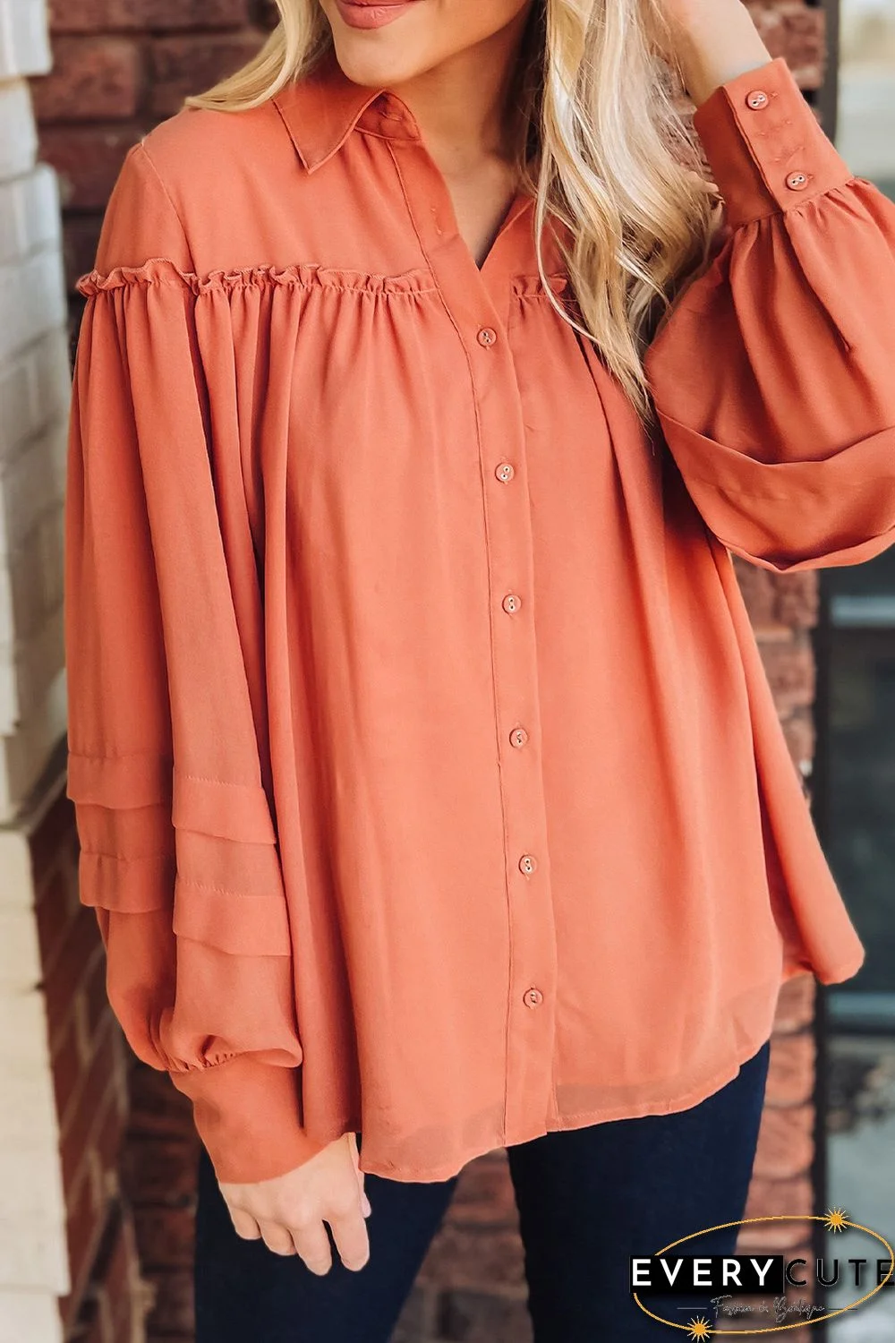 Orange Frill Trim Creasy Puff Sleeve Shirt