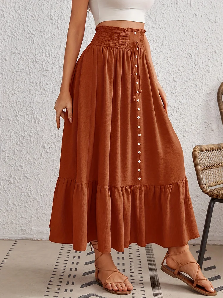 1pc Polyester Elegant Shirred Waist Ruffle Hem Midi Skirt With Front Button Detail, Solid Color Design For All Season