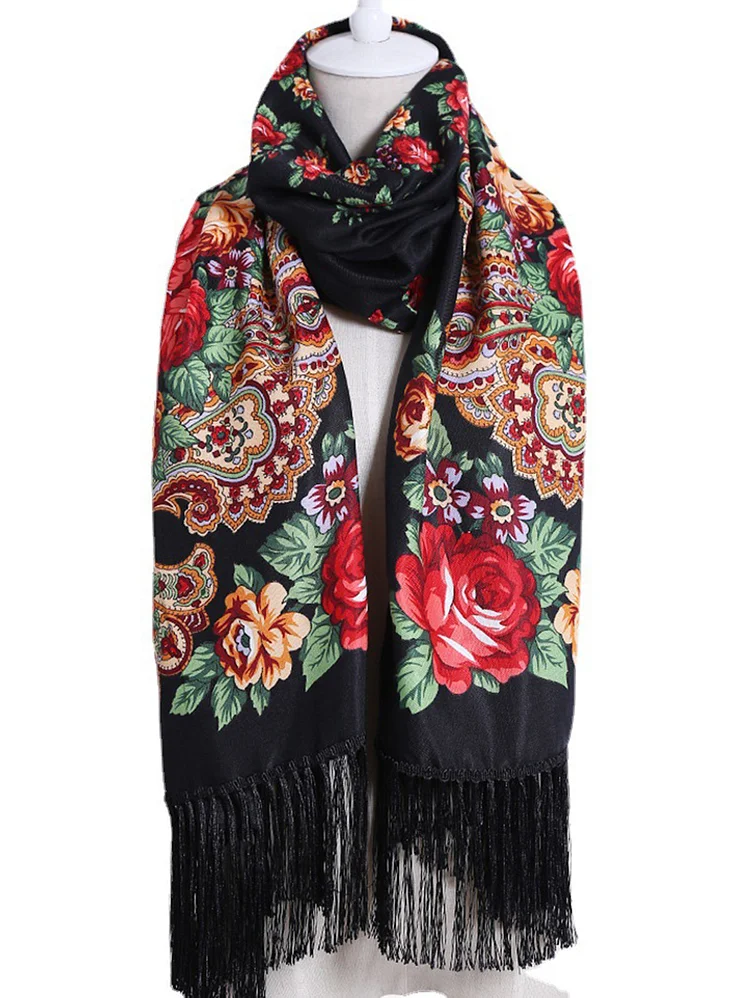 Floral Fringed Trim Ethnic Thermal Scarf