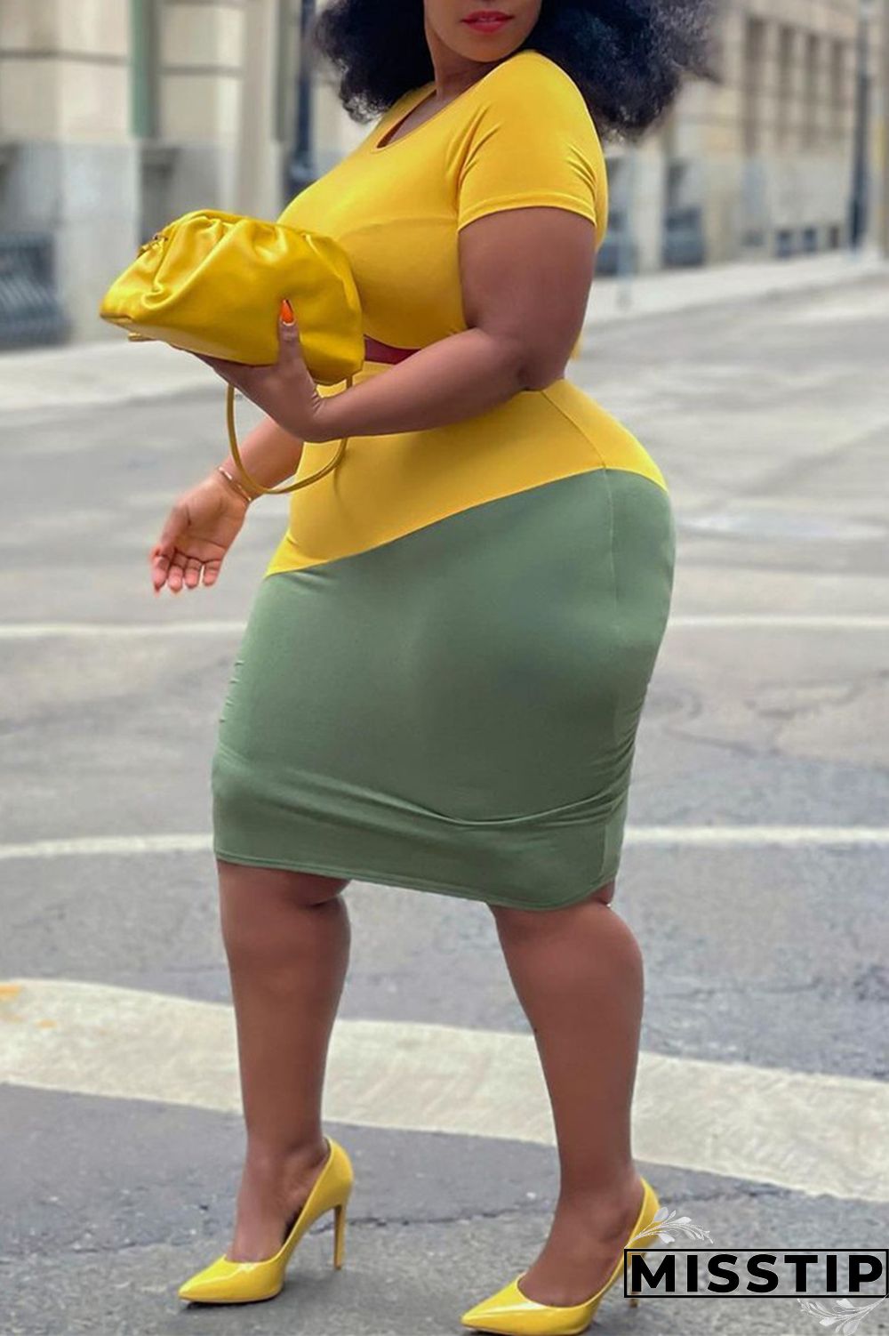 Black Green Fashion Casual Plus Size Patchwork Without Belt O Neck Short Sleeve Dress