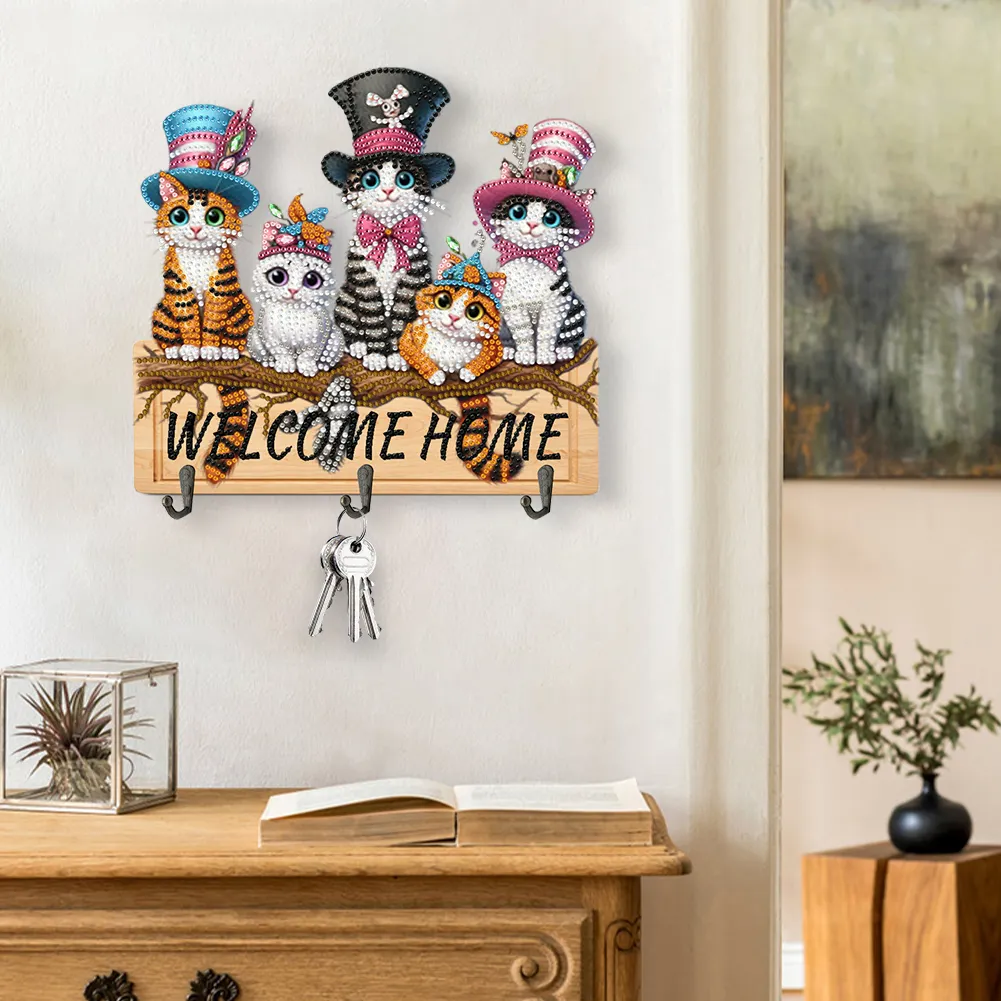 DIY Welcome Home Cat Wooden Special Shape 3 Hooks No Punch Diamond Painting Hook Rail
