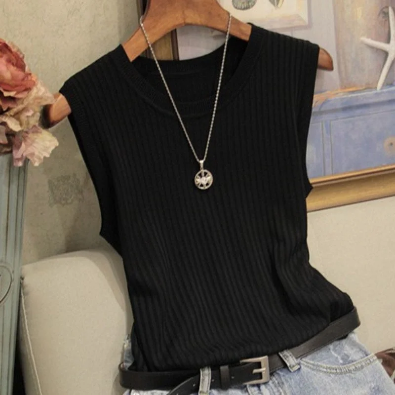 Fashion Ice Silk Knitted Vest Gym Tank Top Women Round Neck Thin Sleeveless Shirt Summer wide shoulder Loose Blusas 4588 50
