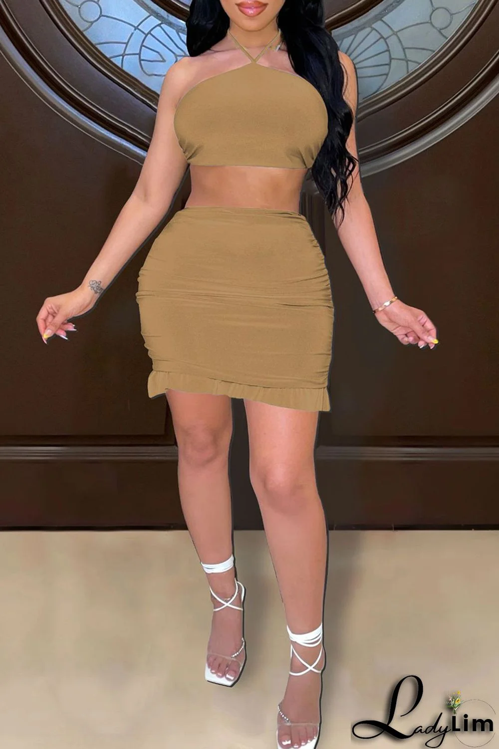 Khaki Fashion Sexy Solid Bandage Backless Strapless Sleeveless Two Pieces