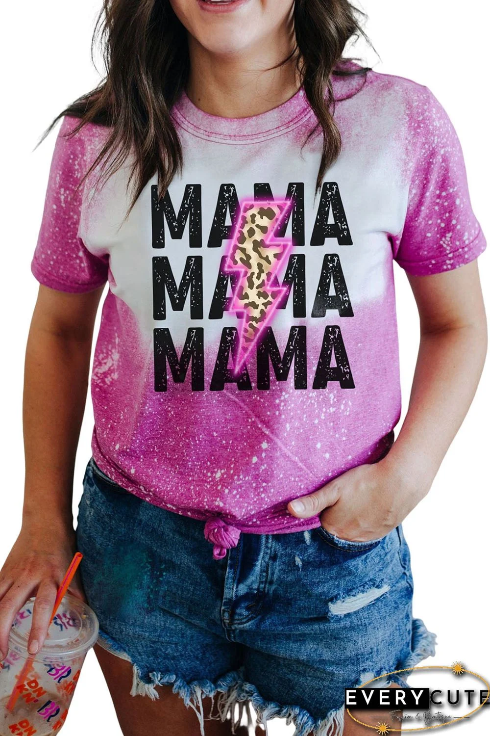 Rose MAMA Leopard Lightning Bleached Short Sleeve T Shirt