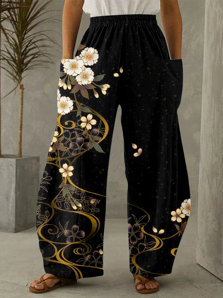 Japanese Cherry Blossoms Art Wide Leg Casual Pants