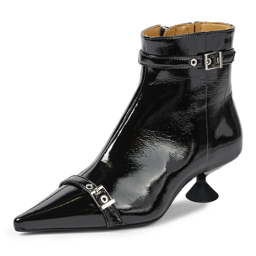 Black Buckle Strap Pointed Toe Flared Heel Ankle Boots with Zipper