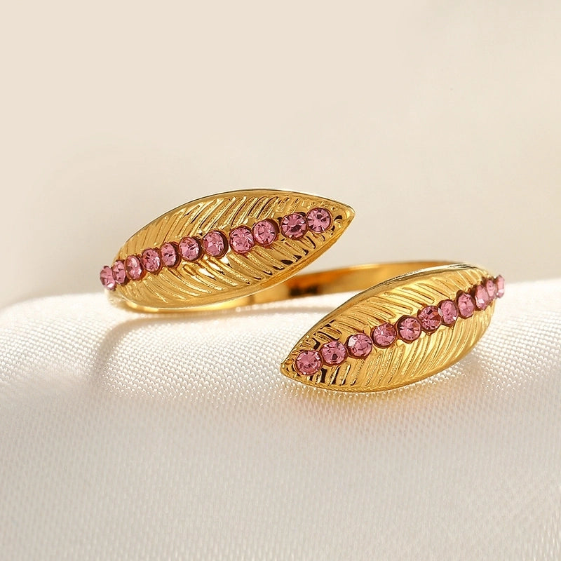 2 Pieces Modern Style Classic Style Geometric Leaf Heart Shape 304 Stainless Steel Zircon 18K Gold Plated Plating Open Rings