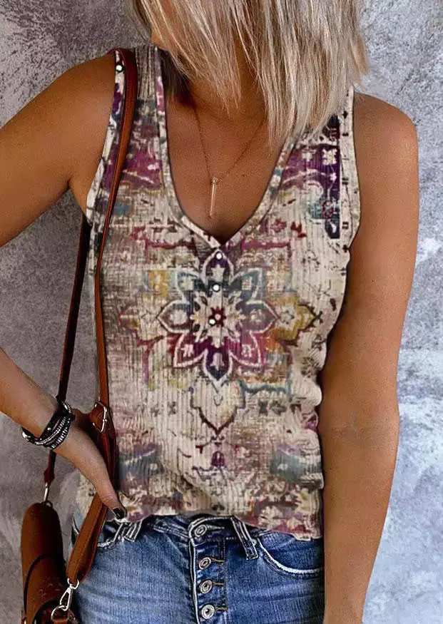 Ethnic Floral Button Casual Tank