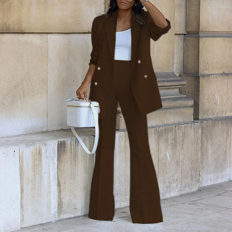 CM.YAYA Basic Elegant Women's Tracksuit Double Breasted Blazers and Straight Flare Pants Suit Matching Two 2 Piece Set Outfits