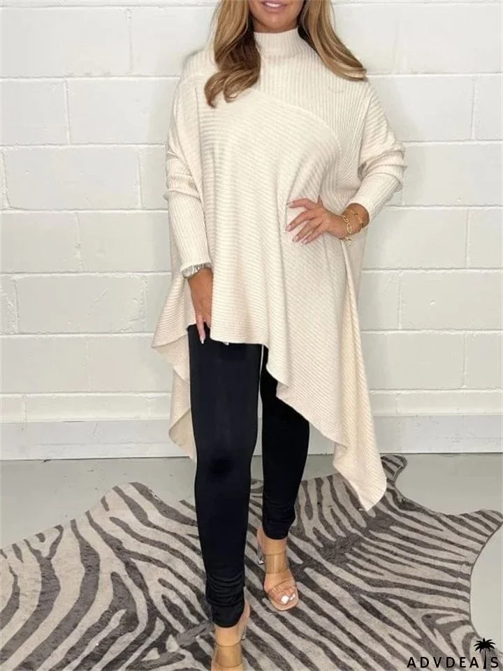 Women's Autumn Winter High Collar Irregular Hem Thread Knitted Shirts