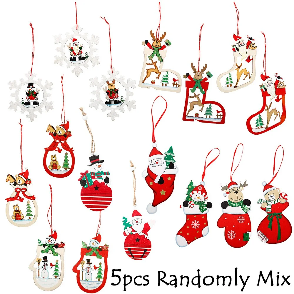 5Pcs Wooden Pendants 3D Hanging Christmas Tree Ornaments Santa Claus Reindeer Wood Chips Xmas Decorations For Home Navidad 2022