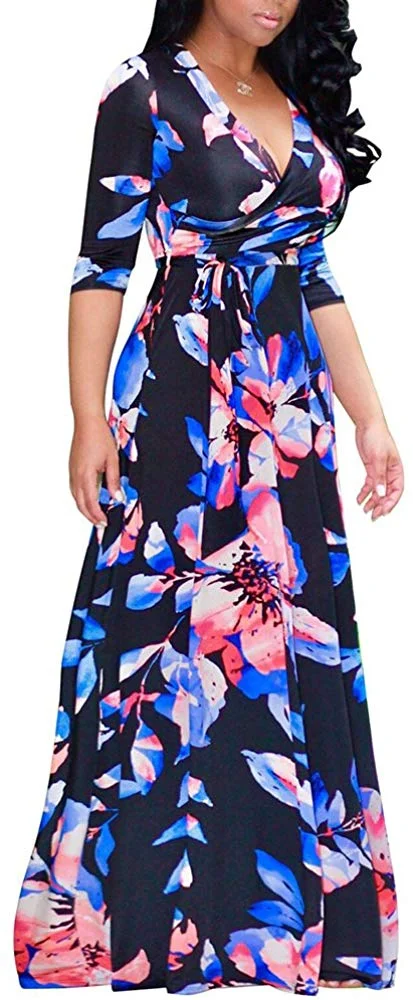 Women's Sexy V Neck Floral Long Sleeves Maxi Dresses Casual Loose Party Prom Ladies Outfits
