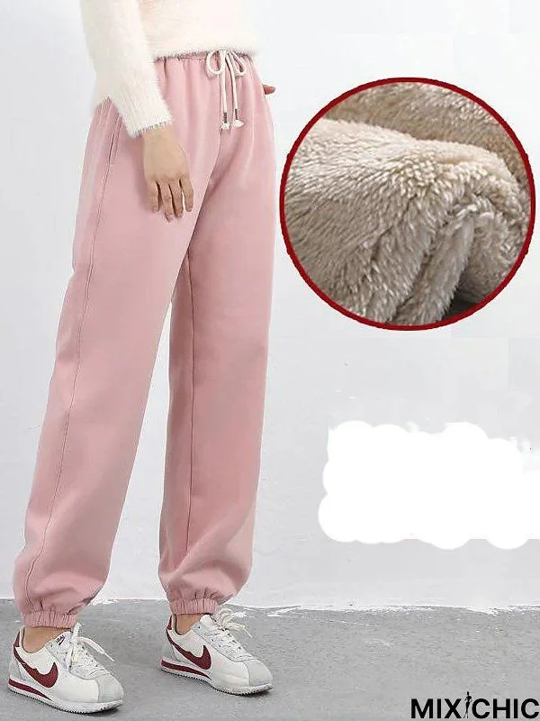 Women's Pants  Drawstring Solid Color Basic Thick Winter Pink