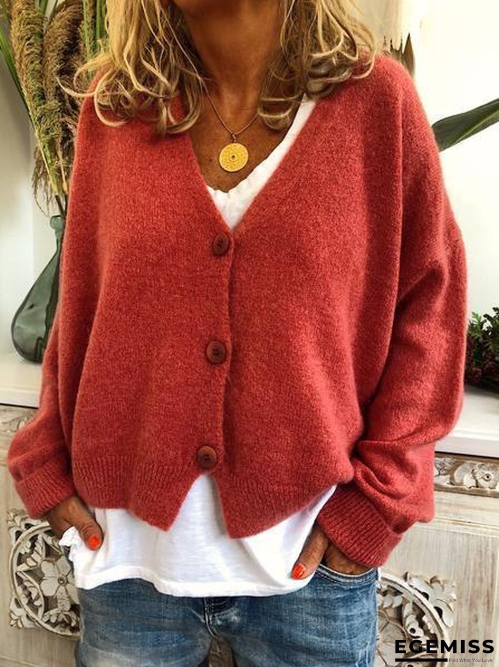 Fashion Long Sleeve Solid Wool Blend V Neck Sweaters | EGEMISS