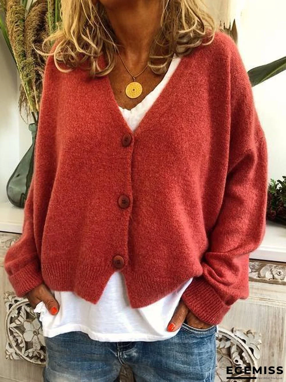 Fashion Long Sleeve Solid Wool Blend V Neck Sweaters | EGEMISS