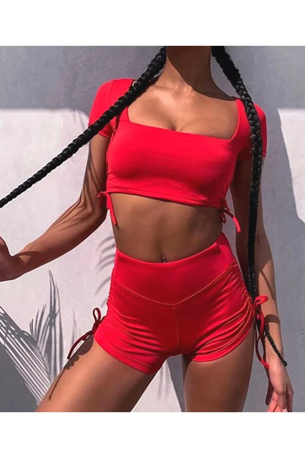  2 Layers Elastic Crop Top Set And Drawstring Shorts Bacless Hollow Sexy 2 Pieces Set Women Home Clothes Tracksuit Outfit 1004-0
