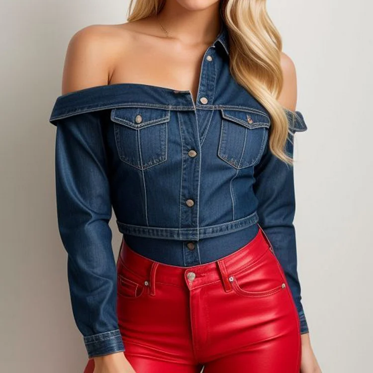 Casual Irregular Cold Shoulder Long Sleeve Button Denim Blouse