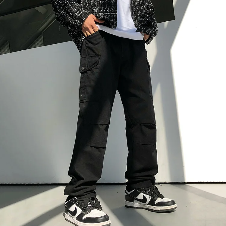 Casual Solid Color Large Pocket Straight Leg Pants