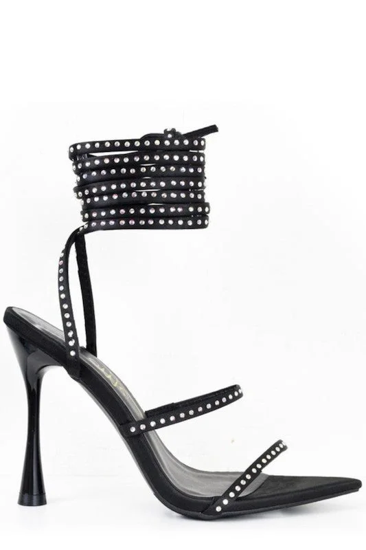 Satin Rhinestone Wrap Strap Heels
