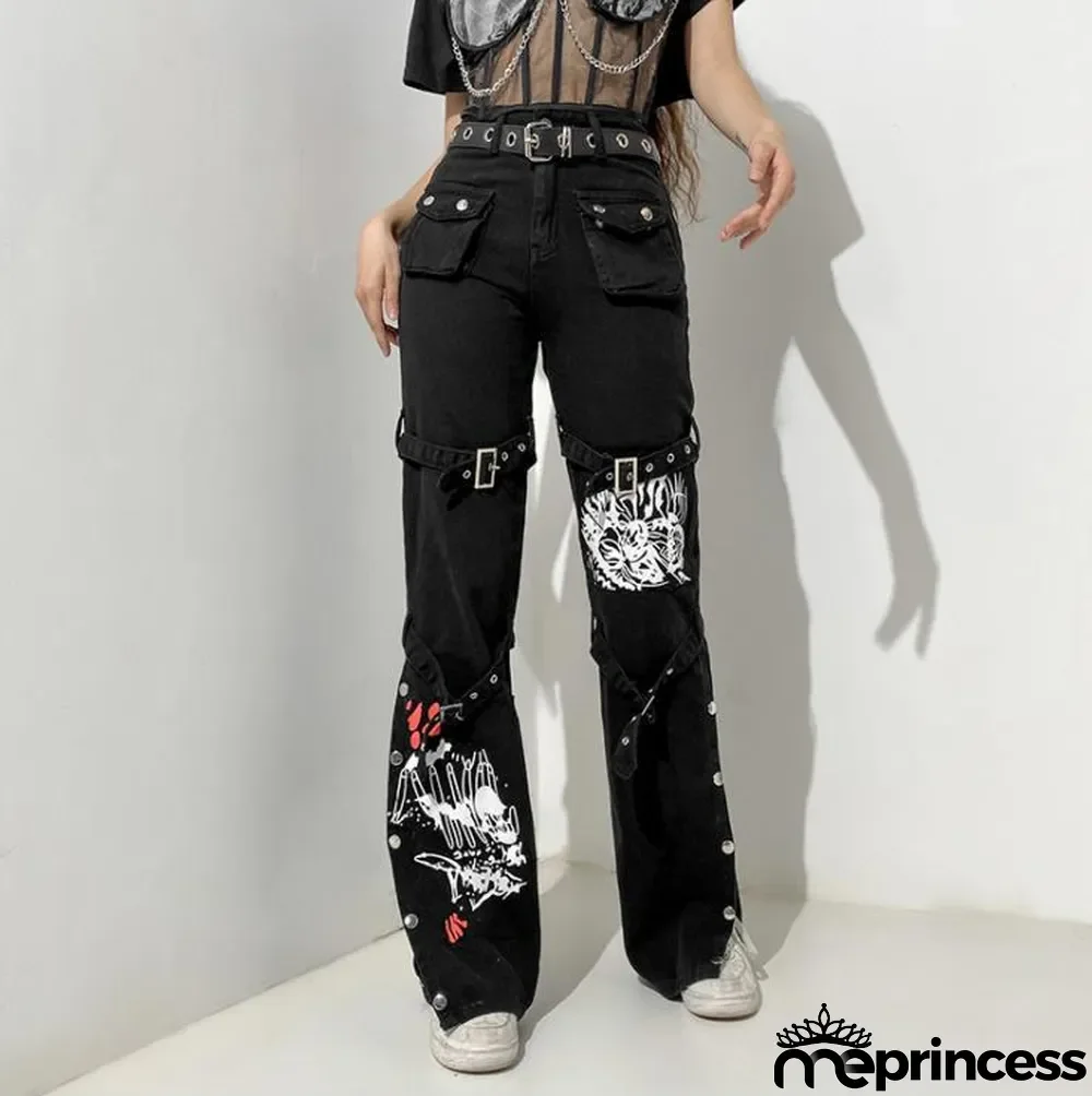 Women Casual Pocket Slit Print Denim Pant